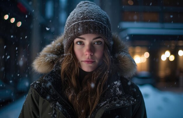 Jeune femme regardant la caméra en se tenant debout à l'extérieur en hiver