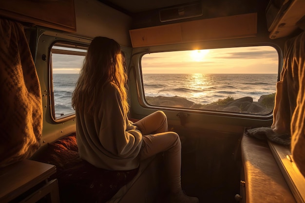 Jeune femme regardant le coucher de soleil depuis la fenêtre de la remorque créée à l'aide d'outils d'intelligence artificielle génératifs