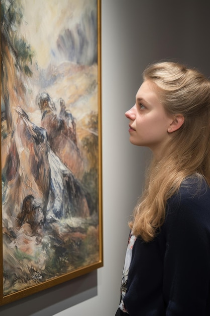 une jeune femme regardant sa peinture à l'huile créée avec l'IA générative