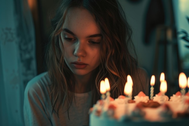 Une jeune femme regarde un gâteau pour fêter son anniversaire à la maison.