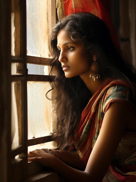 Une jeune femme regarde par une fenêtre dans un temple.