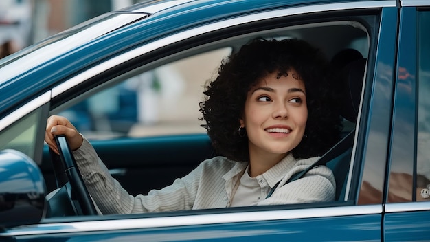 Une jeune femme regarde par la fenêtre de la voiture.