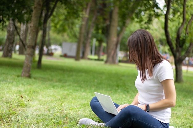 Une jeune femme regarde et tape sur l'ordinateur portable, passe du temps libre tout en étant assise sur le gras à l'extérieur