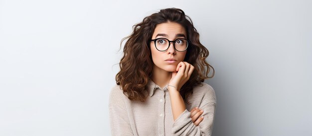 jeune femme, regarder loin, dans, confusion, à, fond blanc