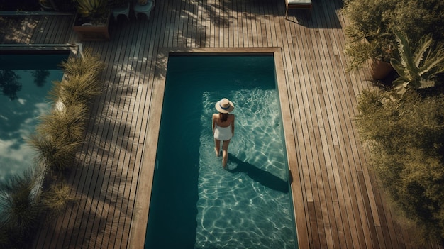 Jeune femme relaxante dans la piscine de la villa de luxe Generative Ai