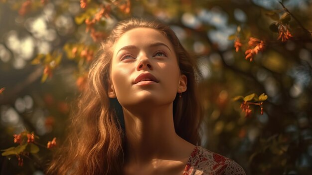 Jeune femme relaxante regardant vers le ciel pendant un coucher de soleil image idyllique tons cinématographiques