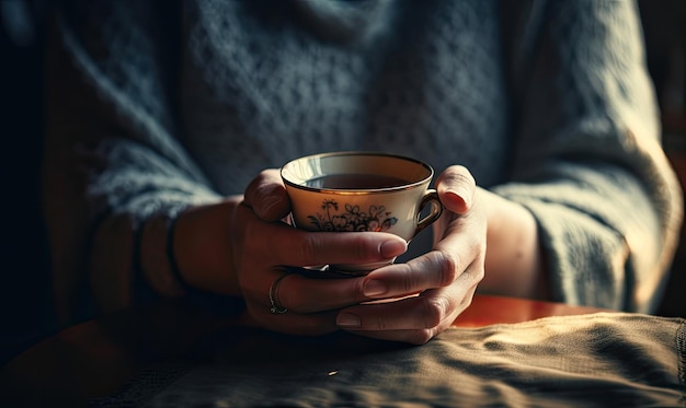 Jeune femme relaxante tasse de thé à la main IA générative