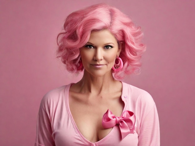 Une jeune femme sur les réseaux sociaux, fond rose, campagne de prévention du cancer du sein en octobre.