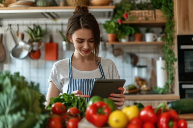 Une jeune femme réussit à faire plusieurs tâches à la fois avec une tablette numérique et des légumes