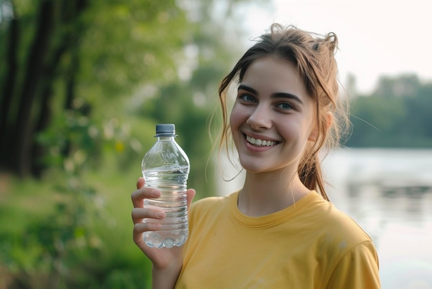 Photo une jeune femme riante tenant une bouteille d'eau à la main sur le fond de la rivière