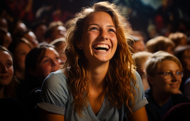 Une jeune femme rit dans la foule.