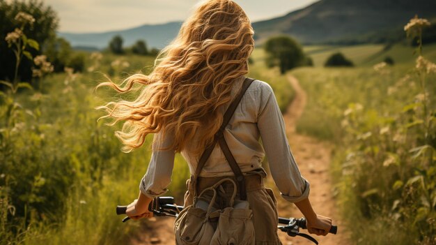 jeune femme en robe blanche sur la route à travers une forêt de blé