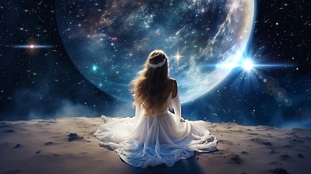 Une jeune femme en robe blanche sur Terre observe la surface de la nébuleuse de la planète Lune.