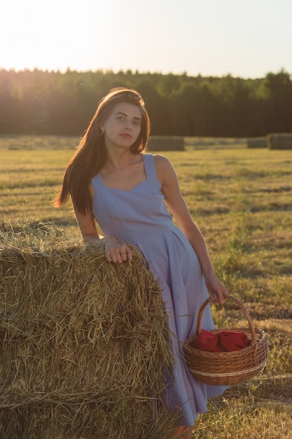 une jeune femme en robe bleue est assise sur une botte de foin dans un champ fauché