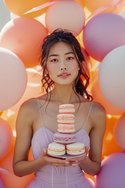 Une jeune femme en robe élégante tenant des macarons français colorés avec des ballons de fête en arrière-plan