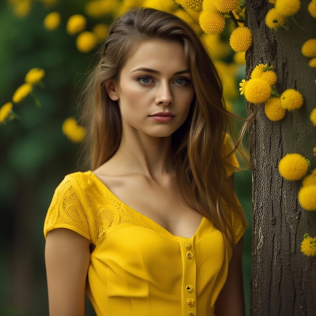 Une jeune femme en robe jaune jardin ware jaune