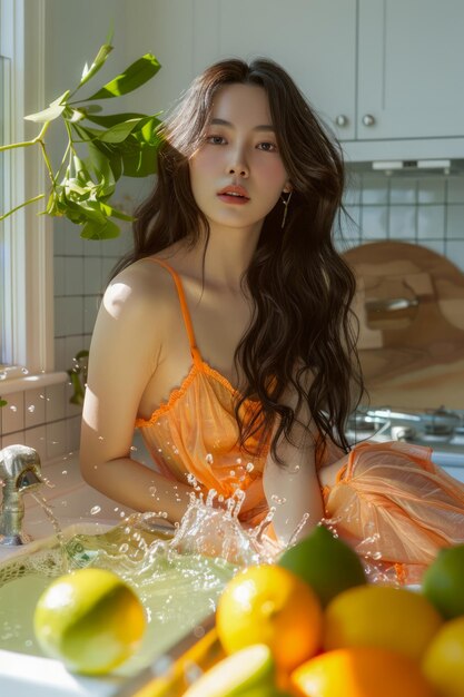 Jeune femme en robe orange appréciant le soleil du matin dans la cuisine avec des agrumes éclaboussant de l'eau