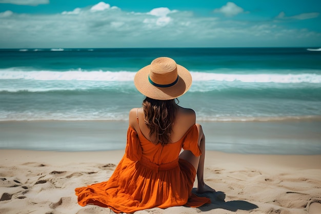 Une jeune femme en robe orange et chapeau de paille assis sur la plage