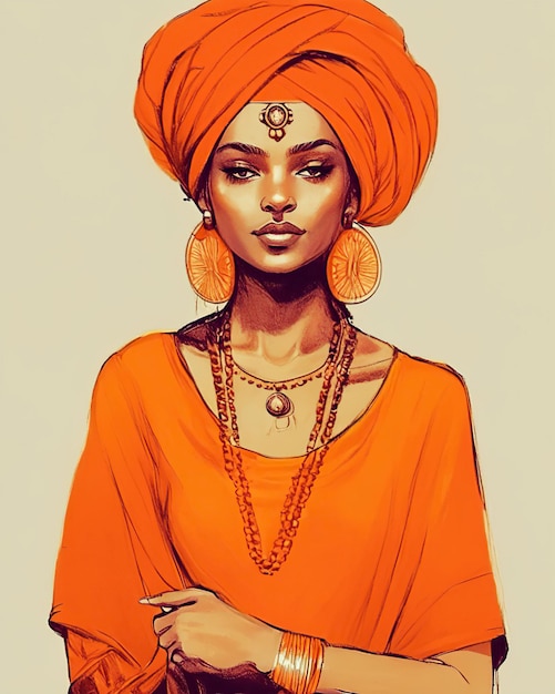 une jeune femme en robe orange avec un turban et des bijoux ethniques