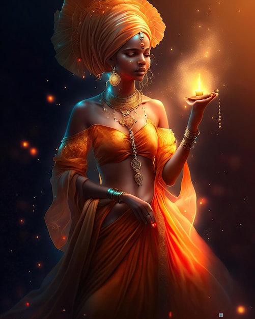 une jeune femme en robe orange avec un turban et des bijoux ethniques