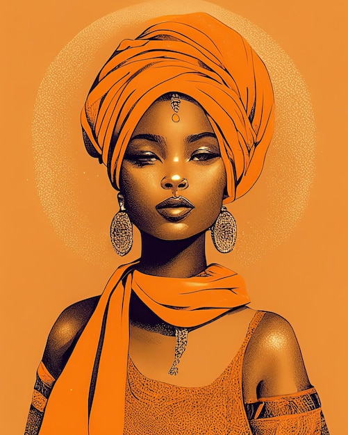 une jeune femme en robe orange avec un turban et des bijoux ethniques