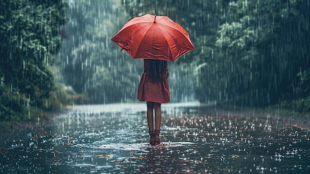 Une jeune femme en robe avec un parapluie rouge sous la pluie