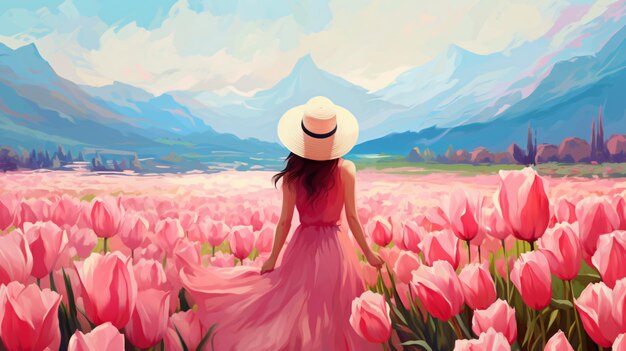 Jeune femme en robe rose et chapeau de paille debout