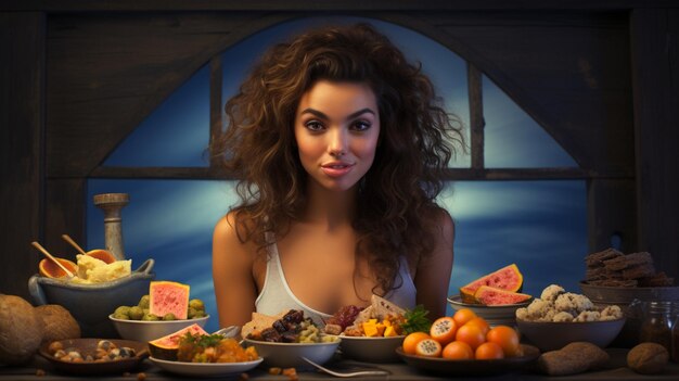 une jeune femme en robe rouge assise dans la cuisine