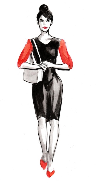 Photo jeune femme en robe rouge et noire. dessin à l'encre et à l'aquarelle