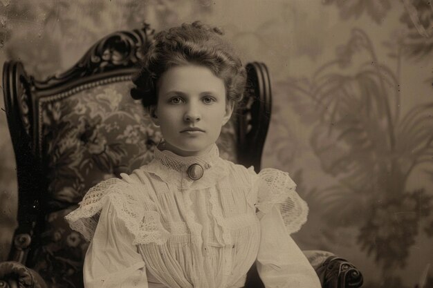 Photo une jeune femme en robe victorienne est assise sur un fauteuil en peluche.