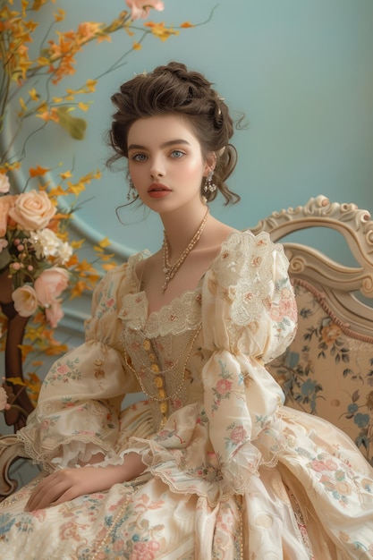 Une jeune femme en robe victorienne vintage posant élégamment dans une pièce ornée d'arrangements floraux