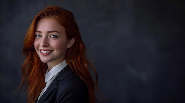 Une jeune femme rousse confiante souriante en costume sombre portrait professionnel tenue de bureau studio tourné avec un éclairage doux AI