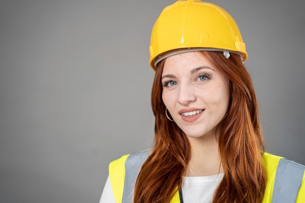 Jeune femme rousse ouvrière de chantier portant un gilet de sécurité et un casque isolé sur fond gris avec accent sur les yeux