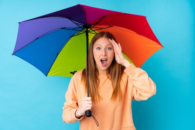 Jeune femme rousse tenant un parapluie sur un mur isolé avec surprise et expression faciale choquée