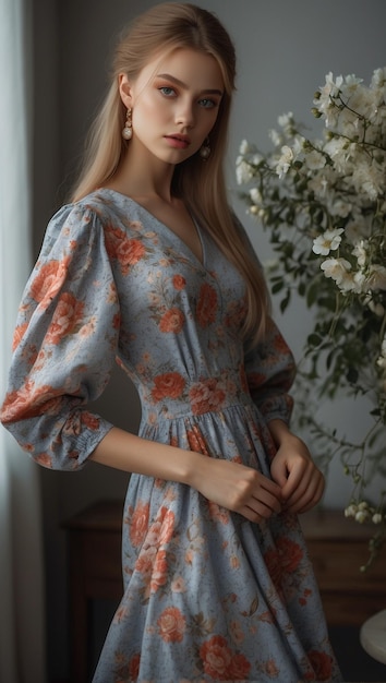 Une jeune femme russe dans une belle robe avec des fleurs.