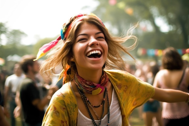 Une jeune femme s'amusant lors d'un festival en plein air créé avec une IA générative