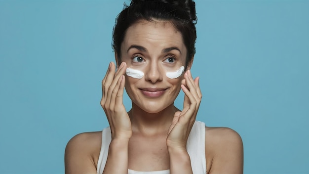 Une jeune femme s'applique de la crème sur le visage sur le bleu