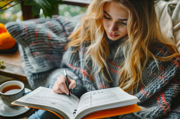 Une jeune femme s'engage dans l'écriture dans un cahier avec du café dans un environnement confortable