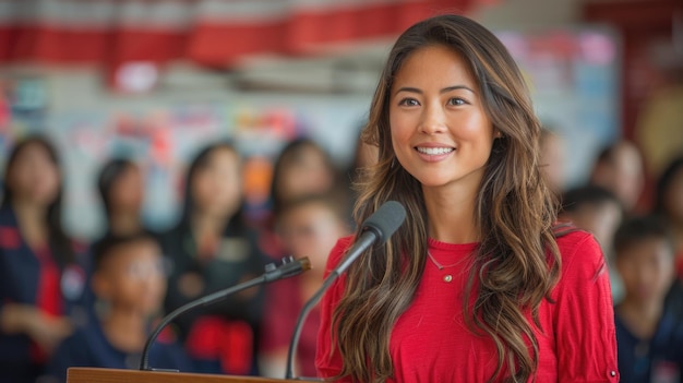 Une jeune femme s'exprimant lors d'un événement scolaire avec un public Journée nationale des enseignants aux États-Unis