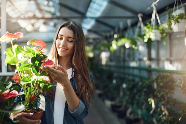 Jeune femme s'occupant de plantes dans une serre tenant un pot de fleurs