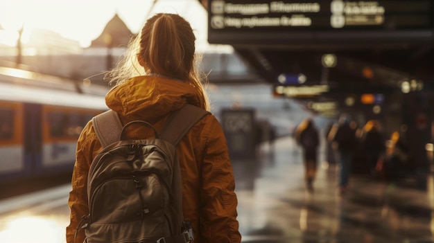 Jeune femme avec un sac à dos sur le dos attendant à l'aéroport ou à la grande gare vue de derrière ultra tranchante AI générative