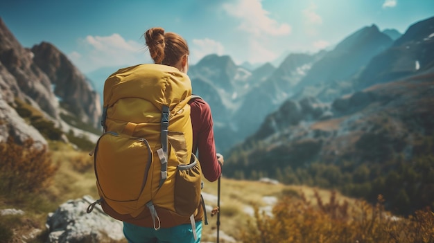 Une jeune femme avec sac à dos Photographie animalière Fond de paysage de montagnes