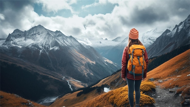 Jeune femme avec sac à dos en randonnée dans les montagnes Concept de voyage et d'aventure