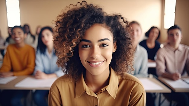 Une jeune femme satisfaite regardant la caméra Une équipe d'étudiants multiethniques se préparent à l'examen universitaire Portrait d'une fille aux taches de rousseur assise en rangée avec ses camarades de classe pendant l'examen du lycée