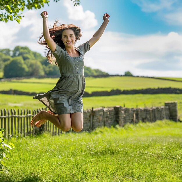 Photo une jeune femme sautant à la campagne