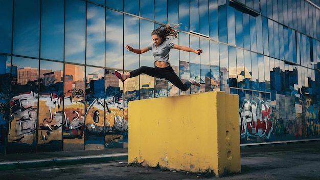Une jeune femme sautant sur un mur jaune isolé.