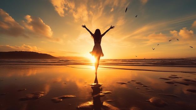 jeune femme sautant sur la plage pendant le beau coucher de soleil à la mer