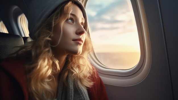 Photo la jeune femme scanne la vue depuis la fenêtre de l'avion.