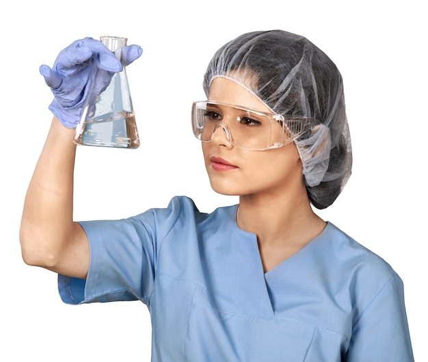 Jeune femme scientifique debout isolé sur blanc