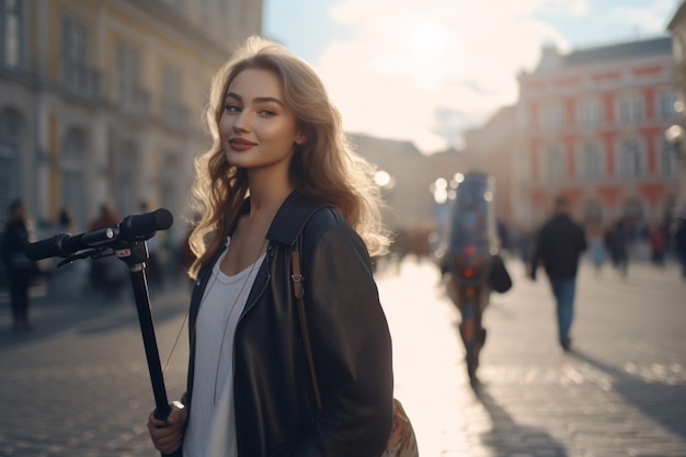 Une jeune femme sur un scooter dans la ville.